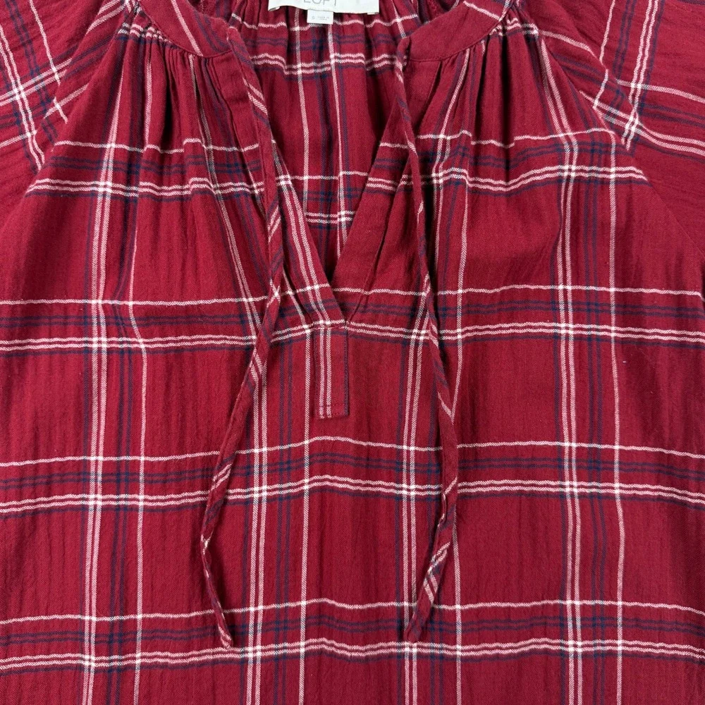 Blouse LOFT Women Small Red Plaid Short Puff Sleeve Preppy Fall Casual